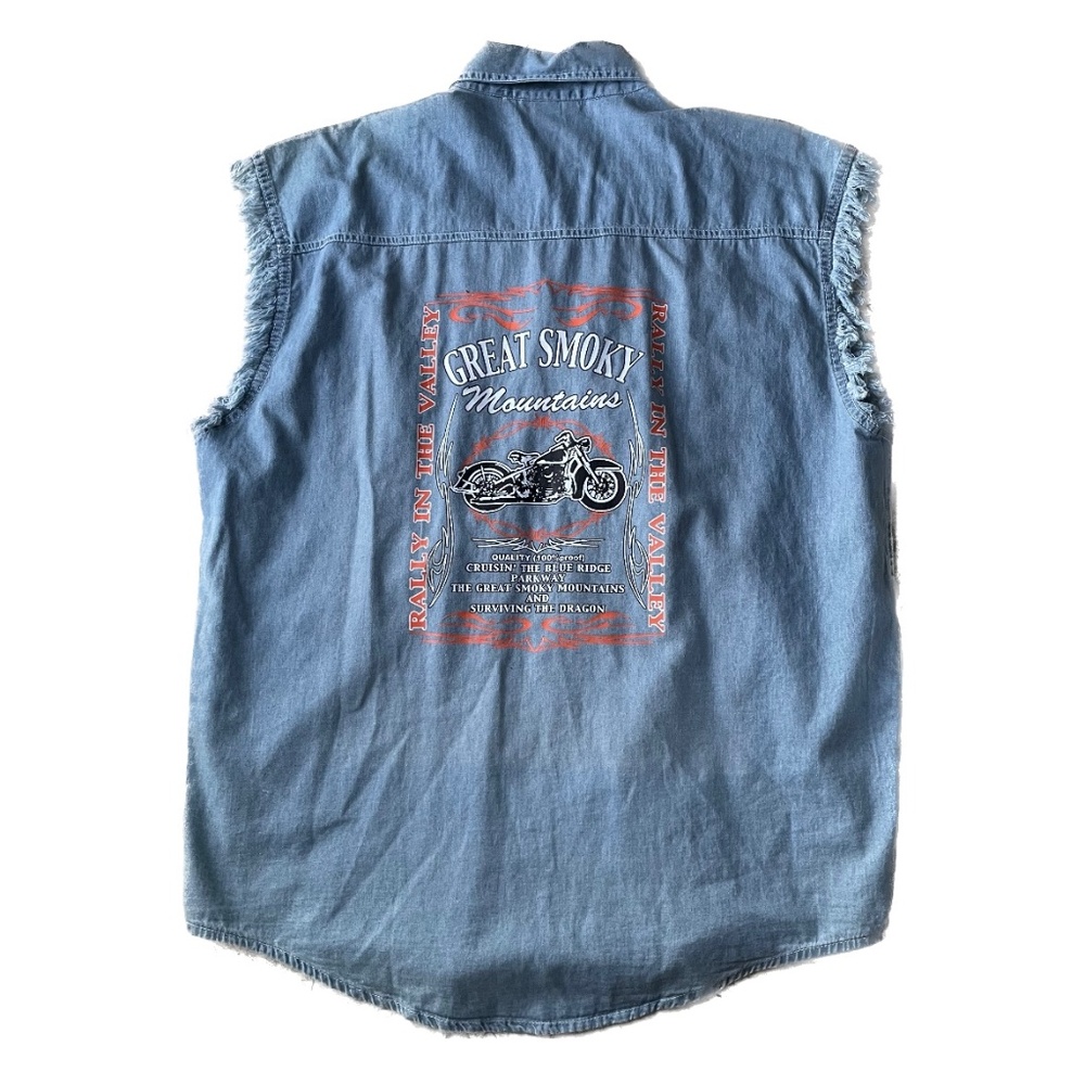 VTG Biker Wear Motorcycle Denim Sleeveless Casual Button-Down Shirt